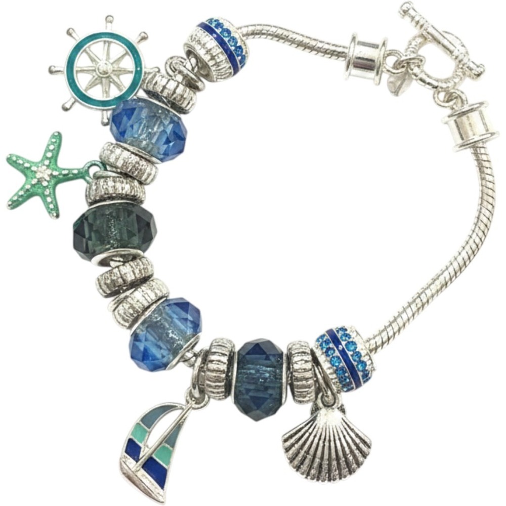 Nautical Charm Bracelet‎ Silver Tone Snake Chain Ship Wheel Starfish Sailboat